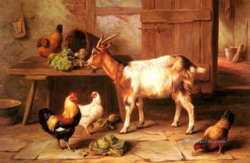 コテージ内部の家禽家畜小屋で餌をやるヤギと鶏 エドガー・ハント Oil Paintings